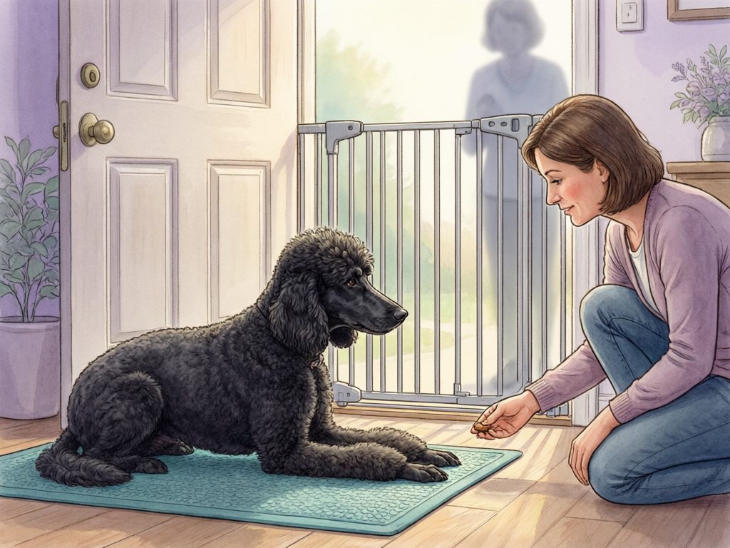 Illustration of a poodle lying on a mat near a gate while a person offers a treat.