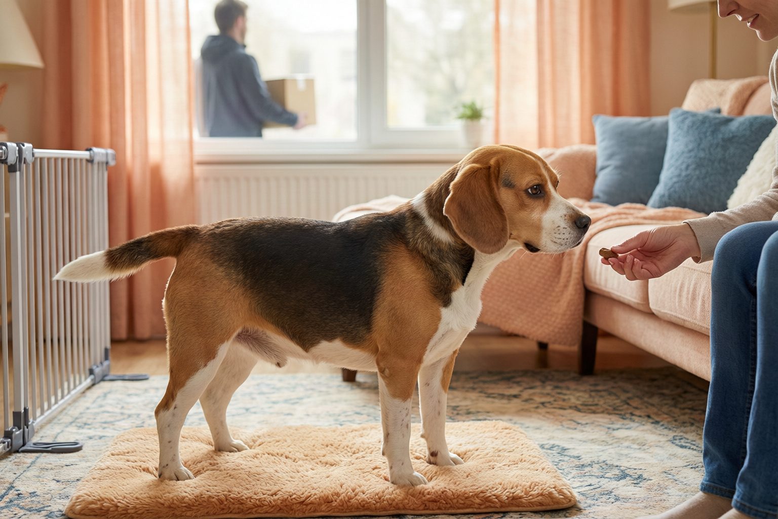 Illustration of a beagle on a mat near a gate while a person holds a treat, with a delivery person visible outside the window.