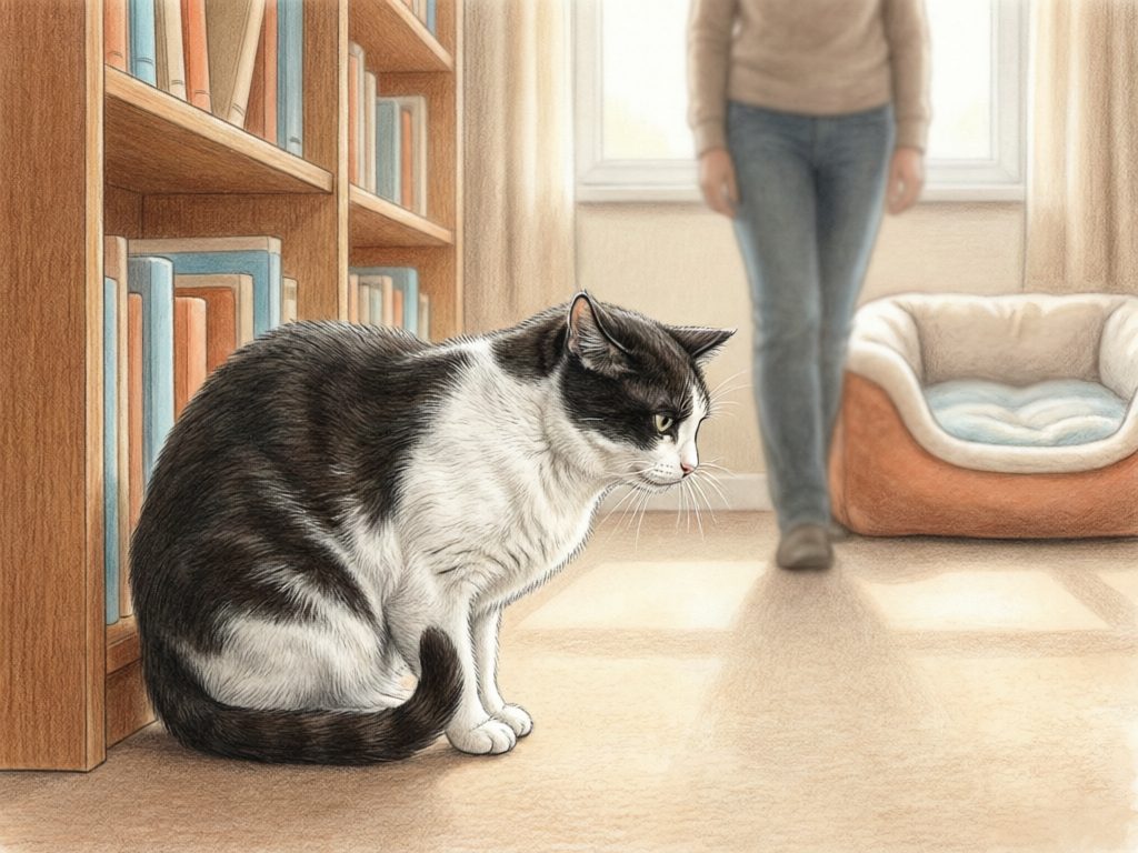 Illustration of a black-and-white cat sitting low beside a bookshelf, with a person standing farther away.