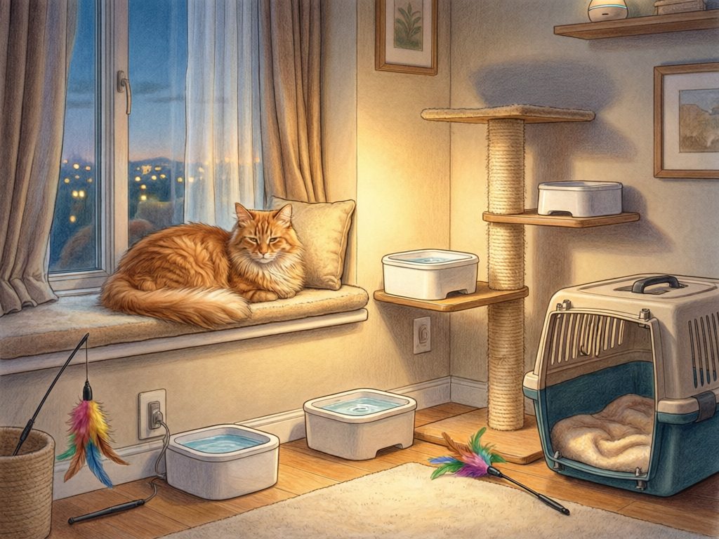 Illustration of an orange cat resting on a window cushion near a cat tree, water bowls, an open carrier, and wand toys.