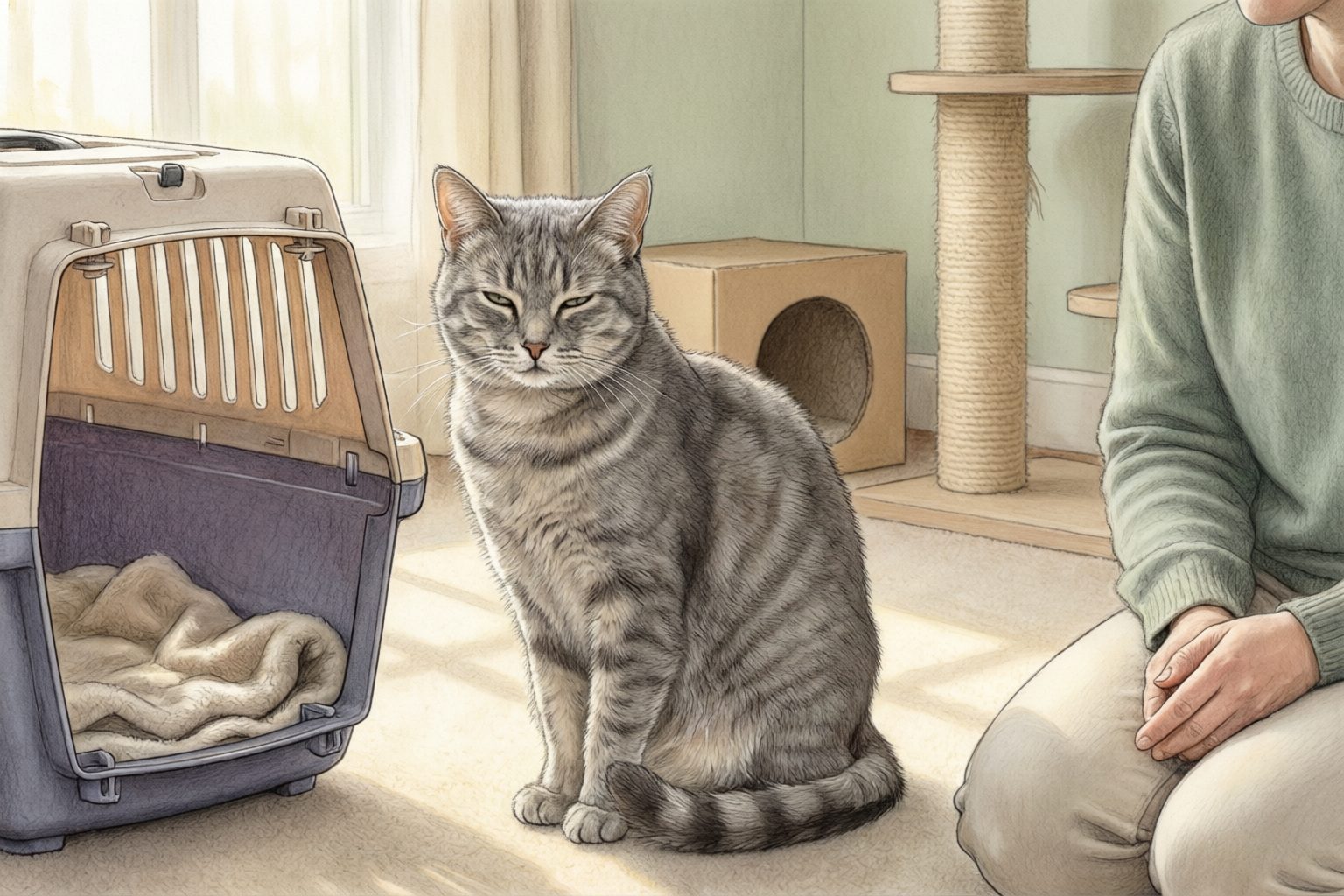 Illustration of a gray tabby beside an open carrier, a cardboard hideaway, and a seated person.