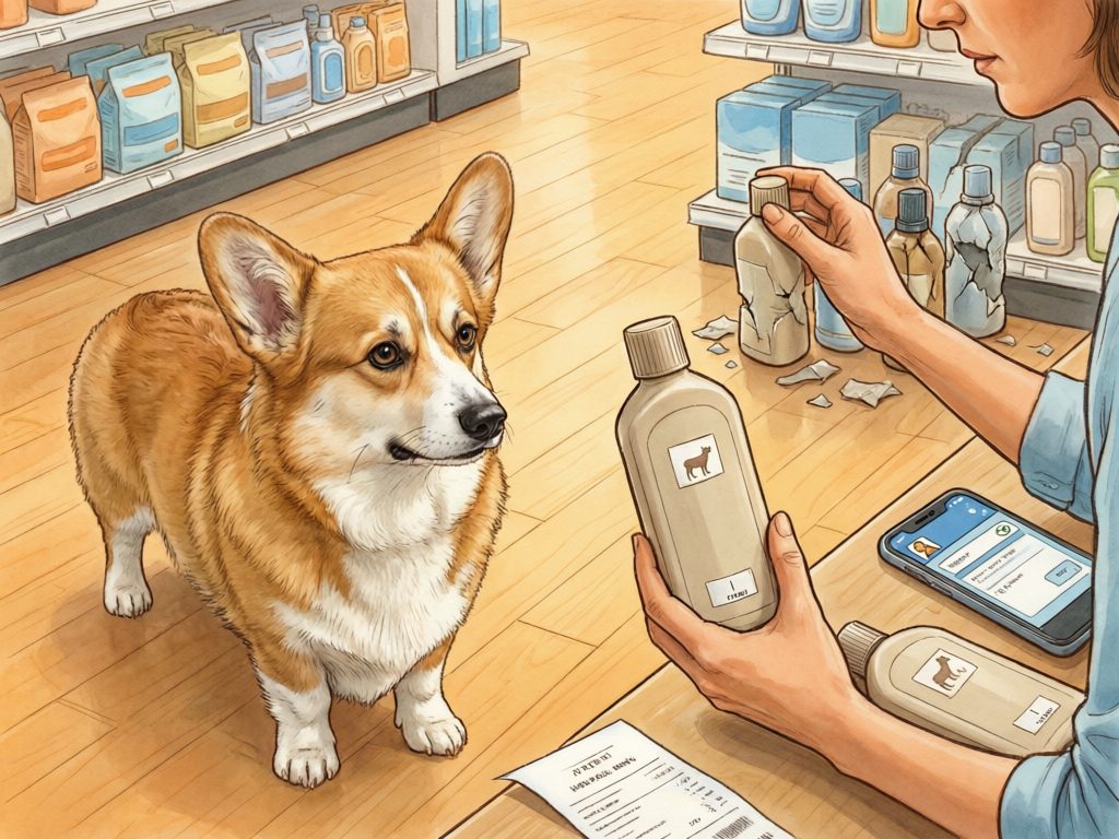 Illustration of a corgi in a shop while a person compares bottles, with damaged containers, a phone, and purchase paperwork nearby.