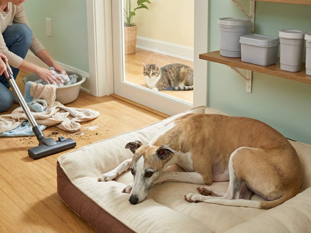 Illustration of a sighthound on bedding while a person cleans the room, with washable fabric and a cat beyond a glass door.