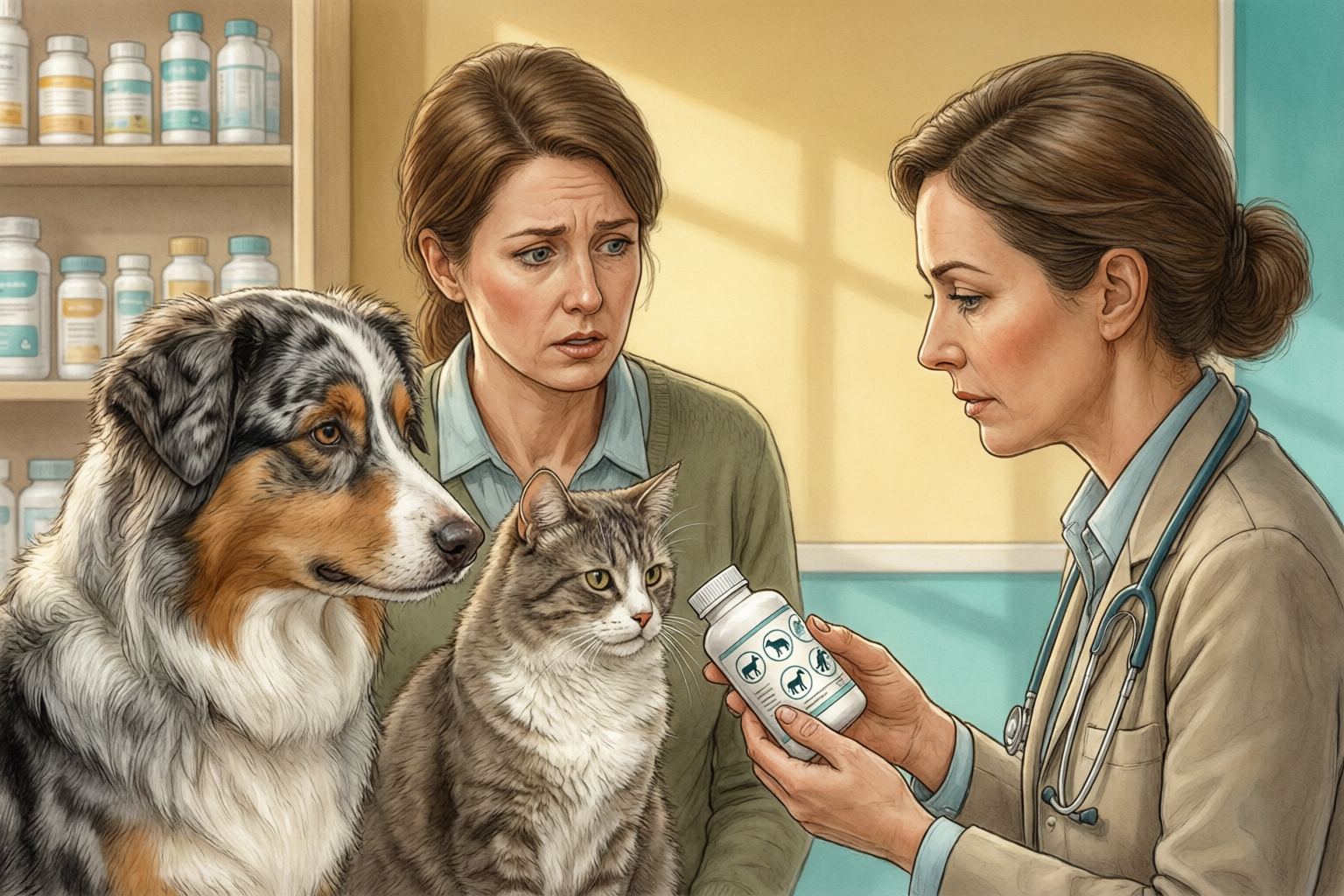 Illustration of a dog and cat beside a caregiver and veterinarian holding a bottle decorated with animal icons.