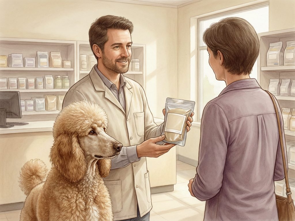 Illustration of a staff member showing a sealed pouch to a shopper accompanied by a poodle, with stocked shelves behind them.