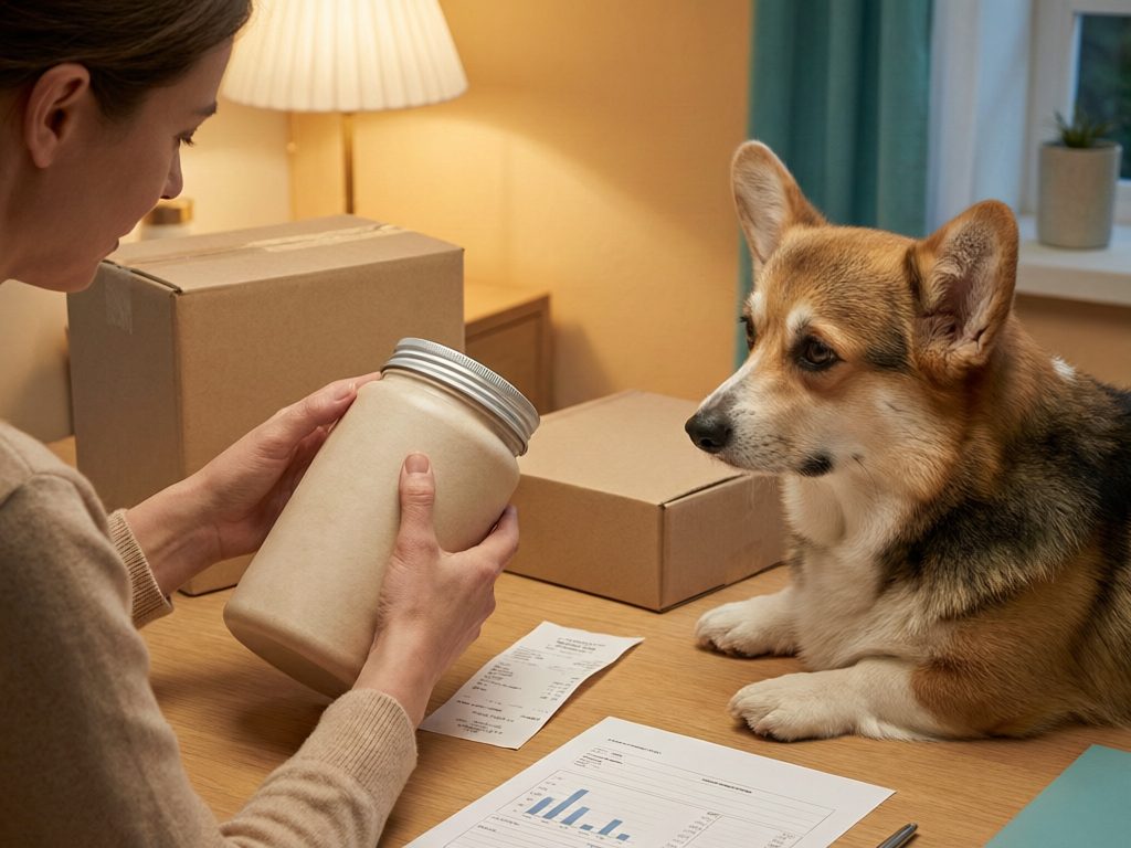 Illustration of a person inspecting a closed jar beside delivery boxes, a receipt, and paperwork while a corgi watches.