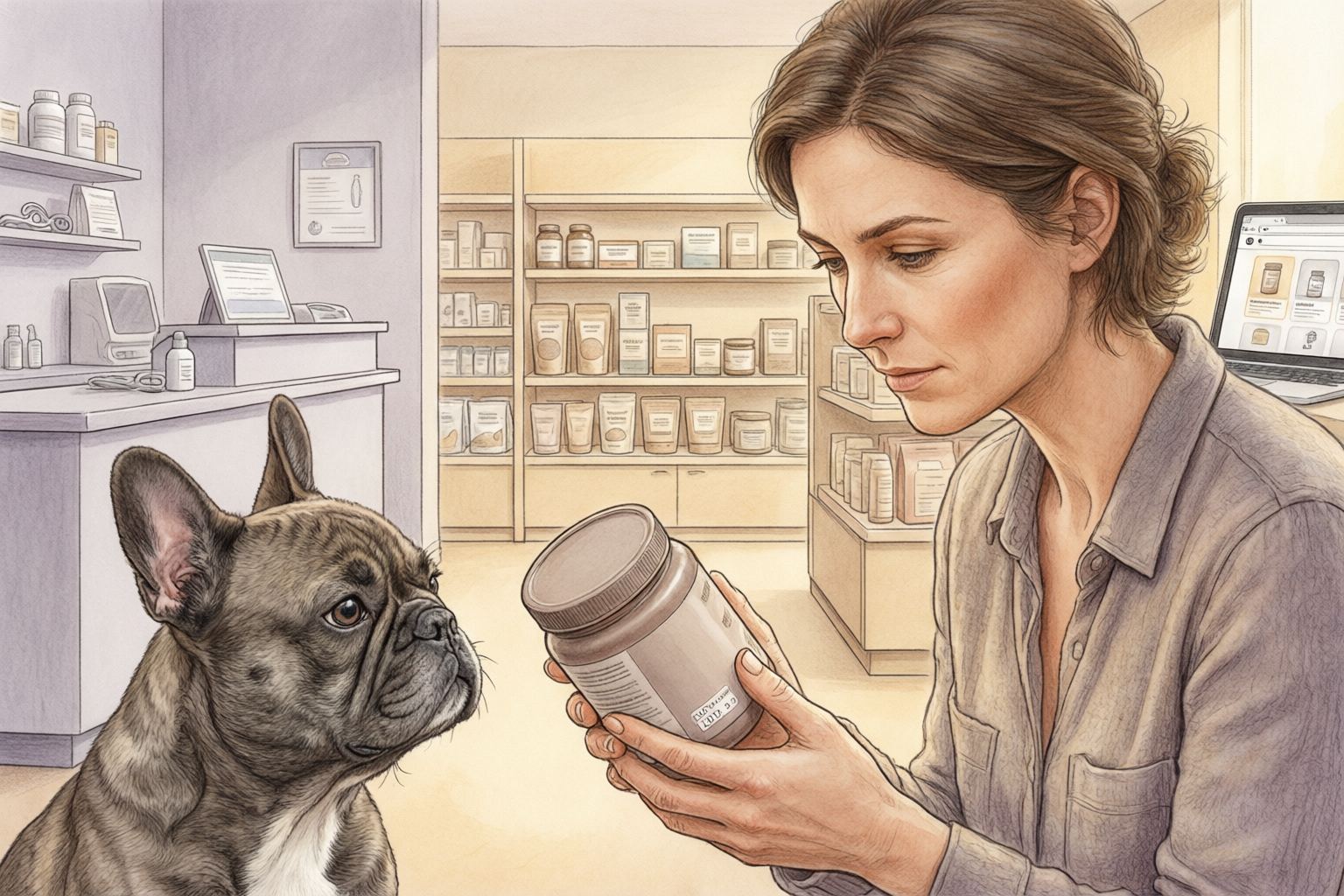 Illustration of a person reading a tub label beside a French bulldog, with product shelves and a laptop behind them.
