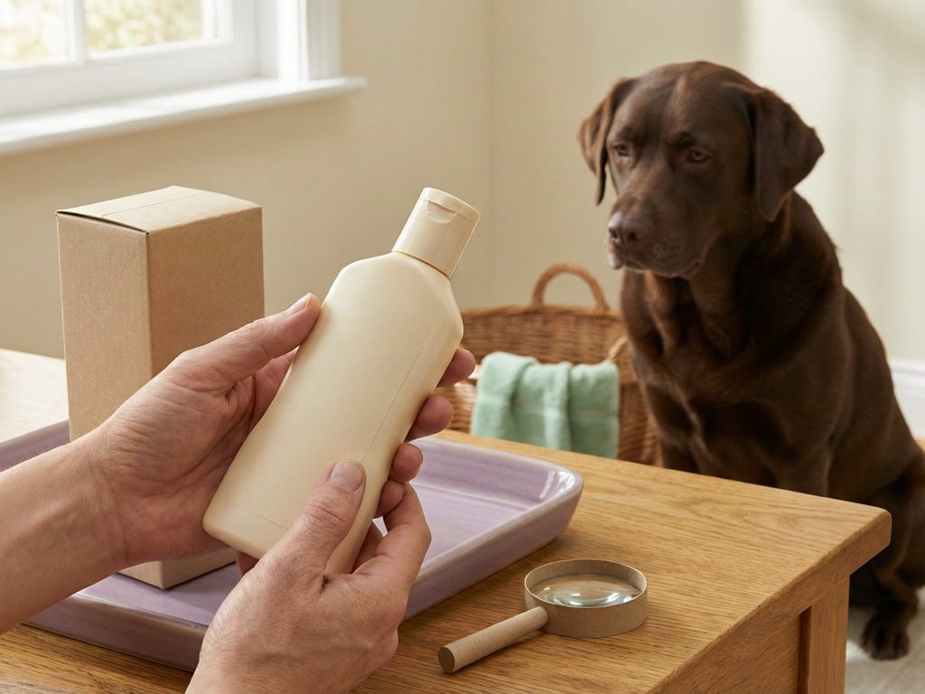 Illustration of hands inspecting a plain shampoo-style bottle beside its box and a magnifying glass, with a chocolate Labrador watching nearby.