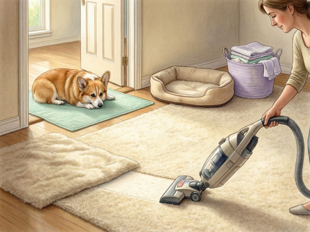 Illustration of a person vacuuming a rug while a corgi rests on a mat, with a dog bed and basket of folded laundry nearby.