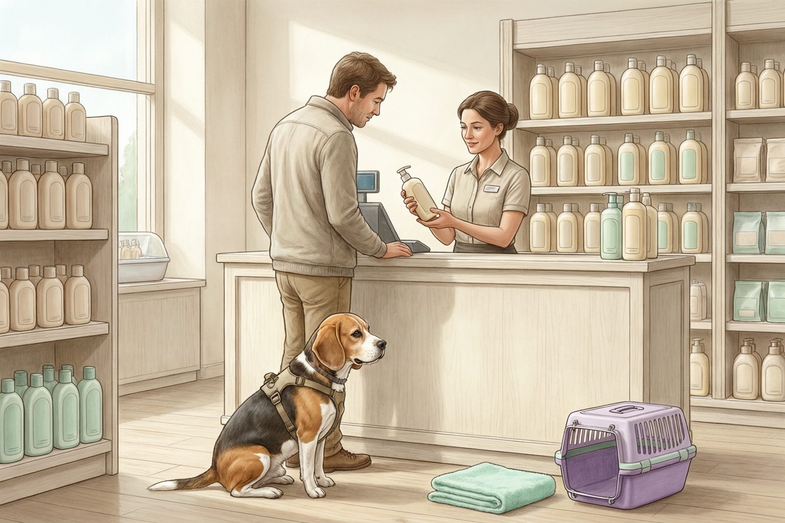 Illustration of a man and beagle at a retail counter while an employee holds a pump bottle, with shelves of generic bottles, an empty carrier, and a folded towel nearby.