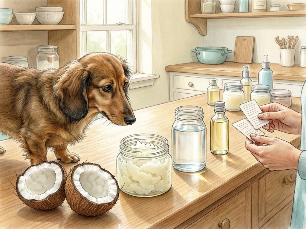 Illustration of a dachshund beside coconut halves, jars, and bottles while a person compares label cards.