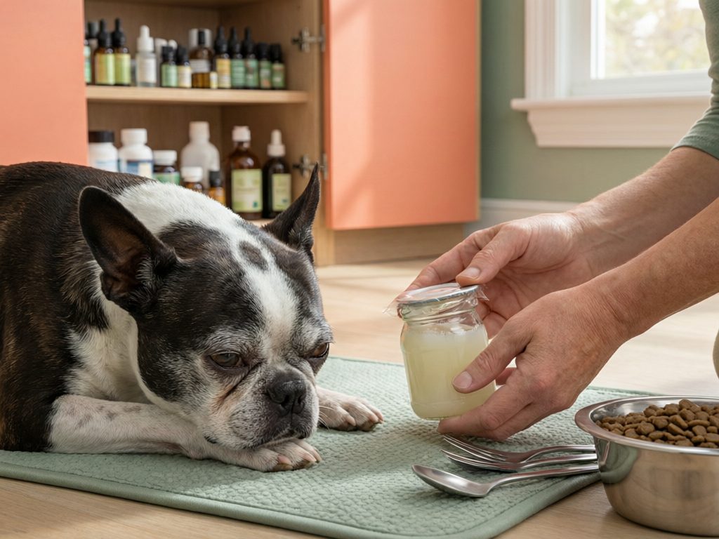 Illustration of a Boston terrier resting on a mat while hands close a jar of pale oil, with utensils and kibble nearby.