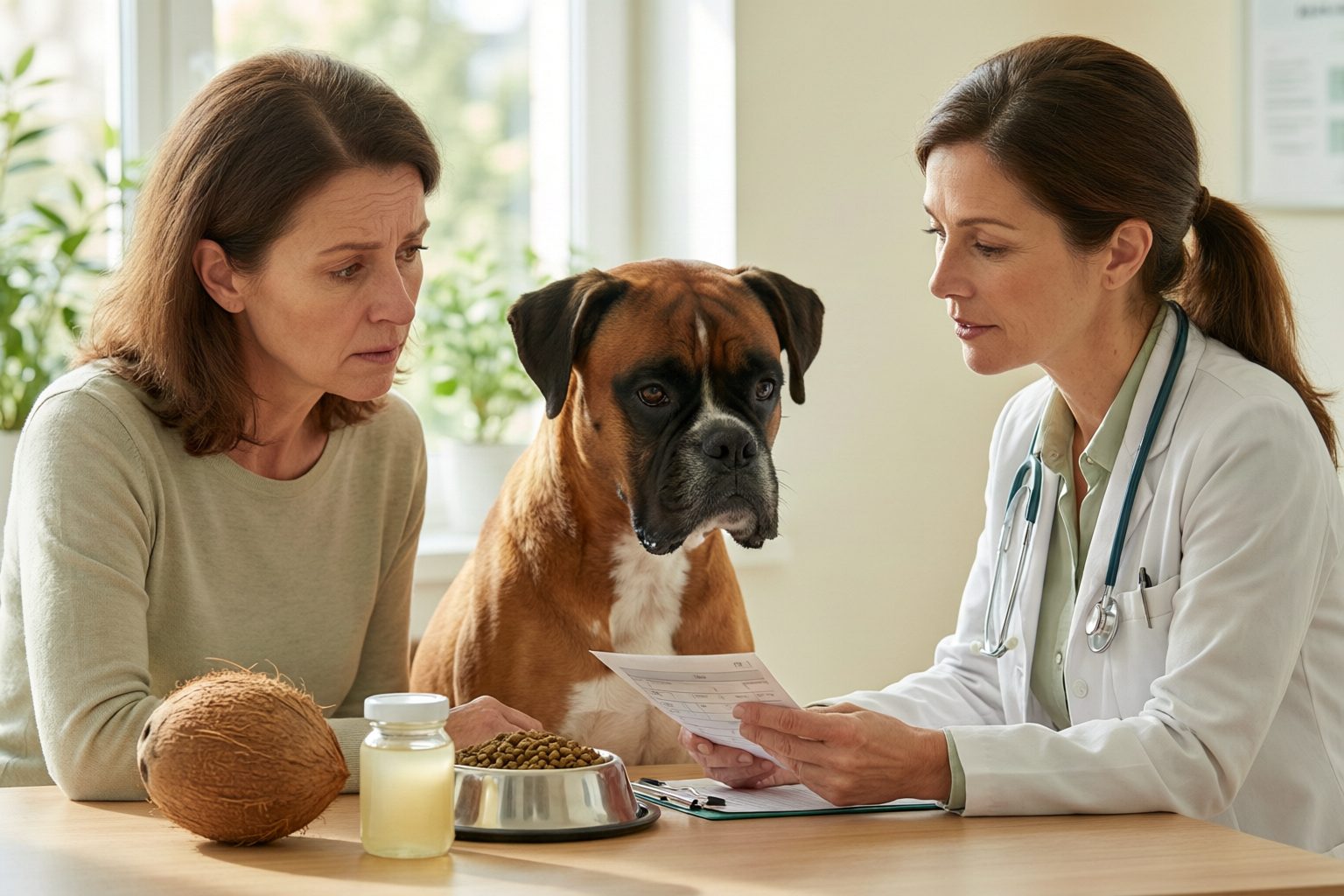 Illustration of a boxer beside an owner and veterinarian reviewing paperwork, with a coconut, jar, and kibble bowl on the table.