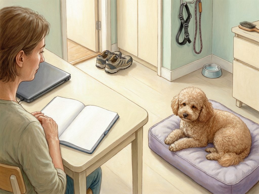 Illustration of a person seated at a desk with an open notebook while a small curly-coated dog rests on a cushion, with walking shoes, a harness, and leash nearby.