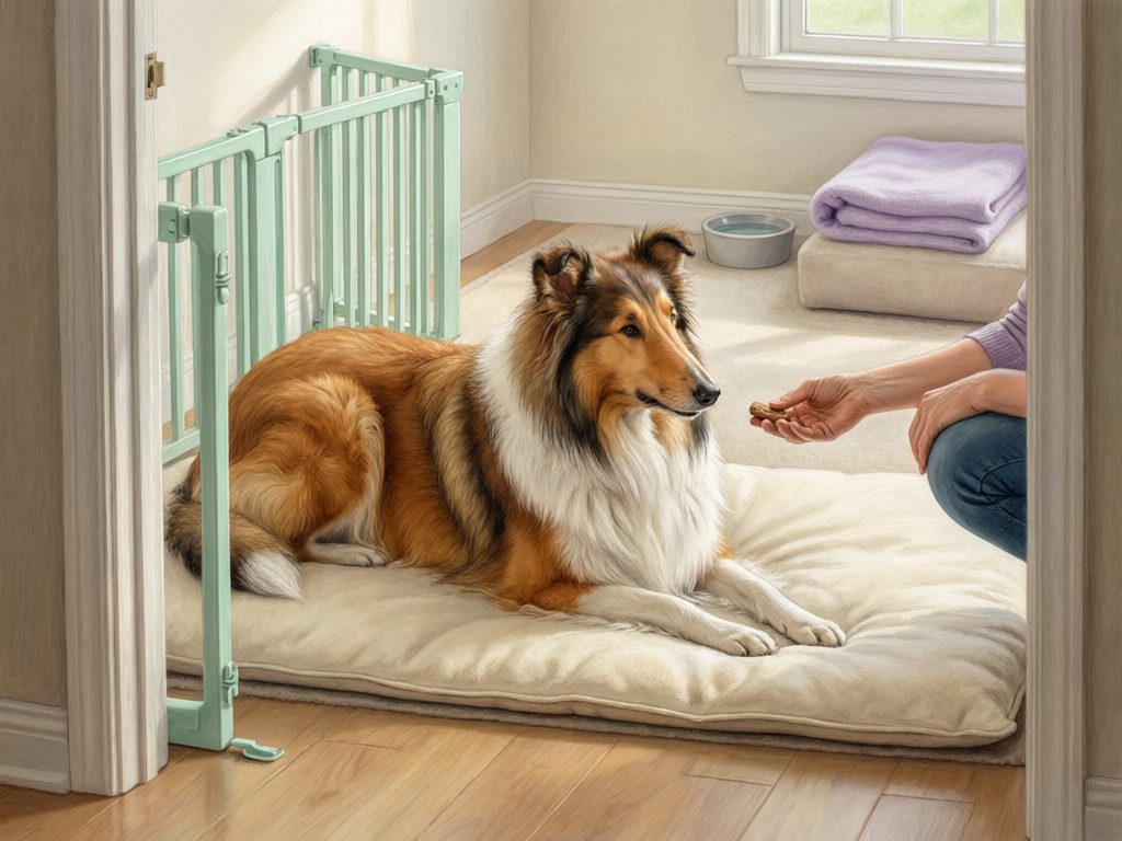 Illustration of a collie lying on a cushion behind an open gate while a person offers a treat, with a water bowl and folded blankets nearby.