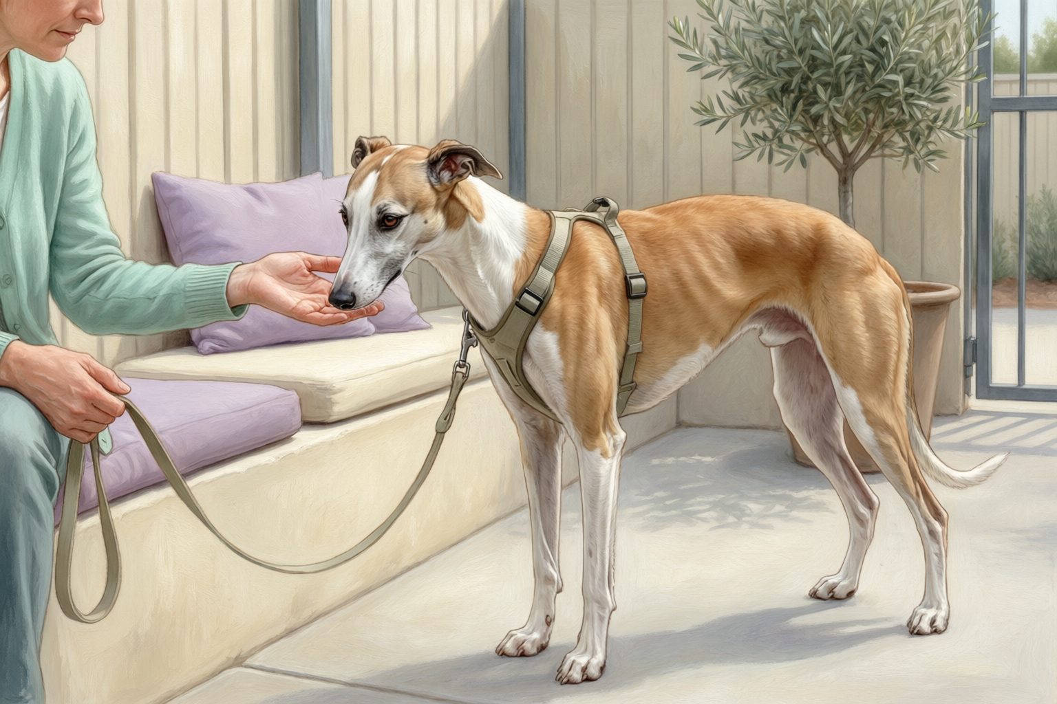 Illustration of a tan-and-white sighthound wearing a harness and leash as a person offers an open hand in a seating area.