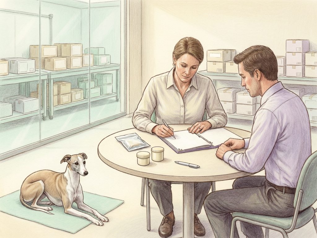 Illustration of two people reviewing and signing paperwork beside sample containers, with boxed inventory behind them and a dog on a mat.