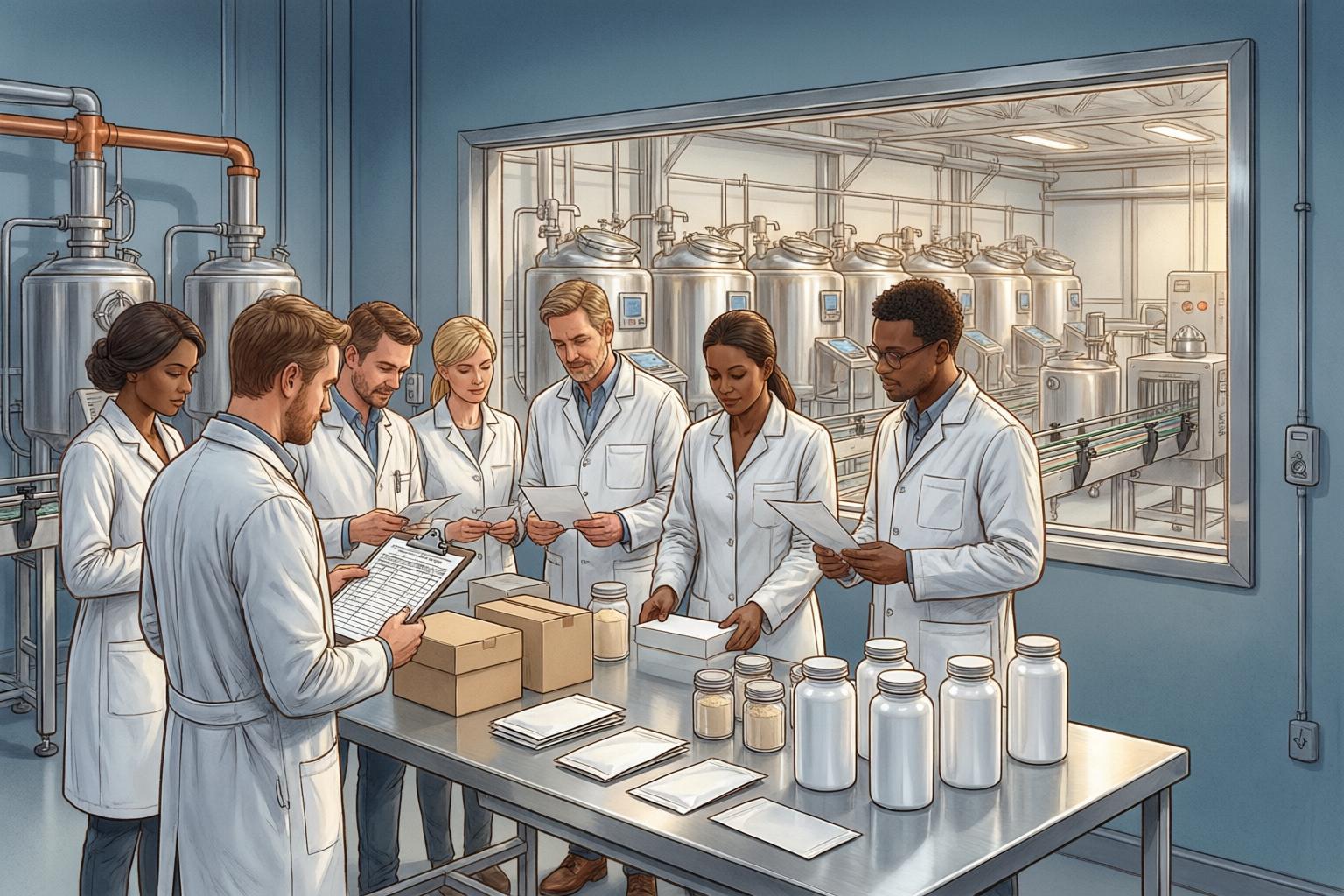 Illustration of people in white coats reviewing paperwork and sample packaging beside industrial tanks and a bottling line.