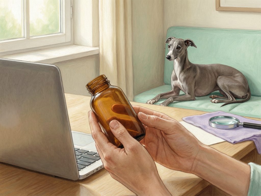 Illustration of hands holding an open amber bottle beside a laptop and magnifying glass, with a gray dog resting behind the table.