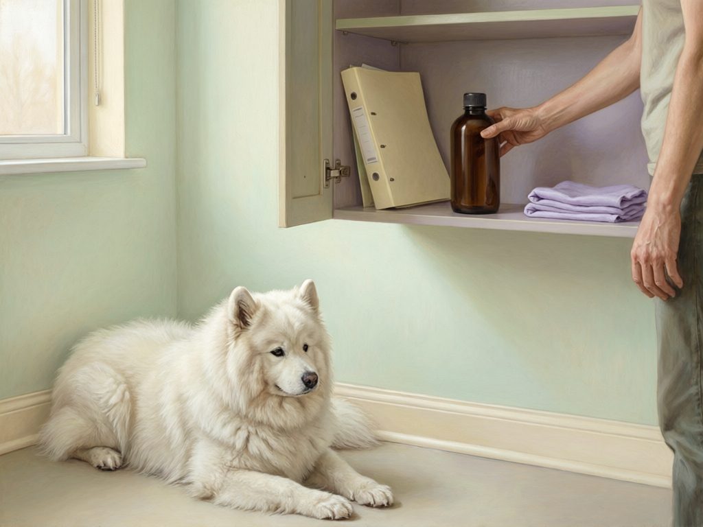 Illustration of a person placing a capped amber bottle in a cabinet while a white dog rests on the floor.
