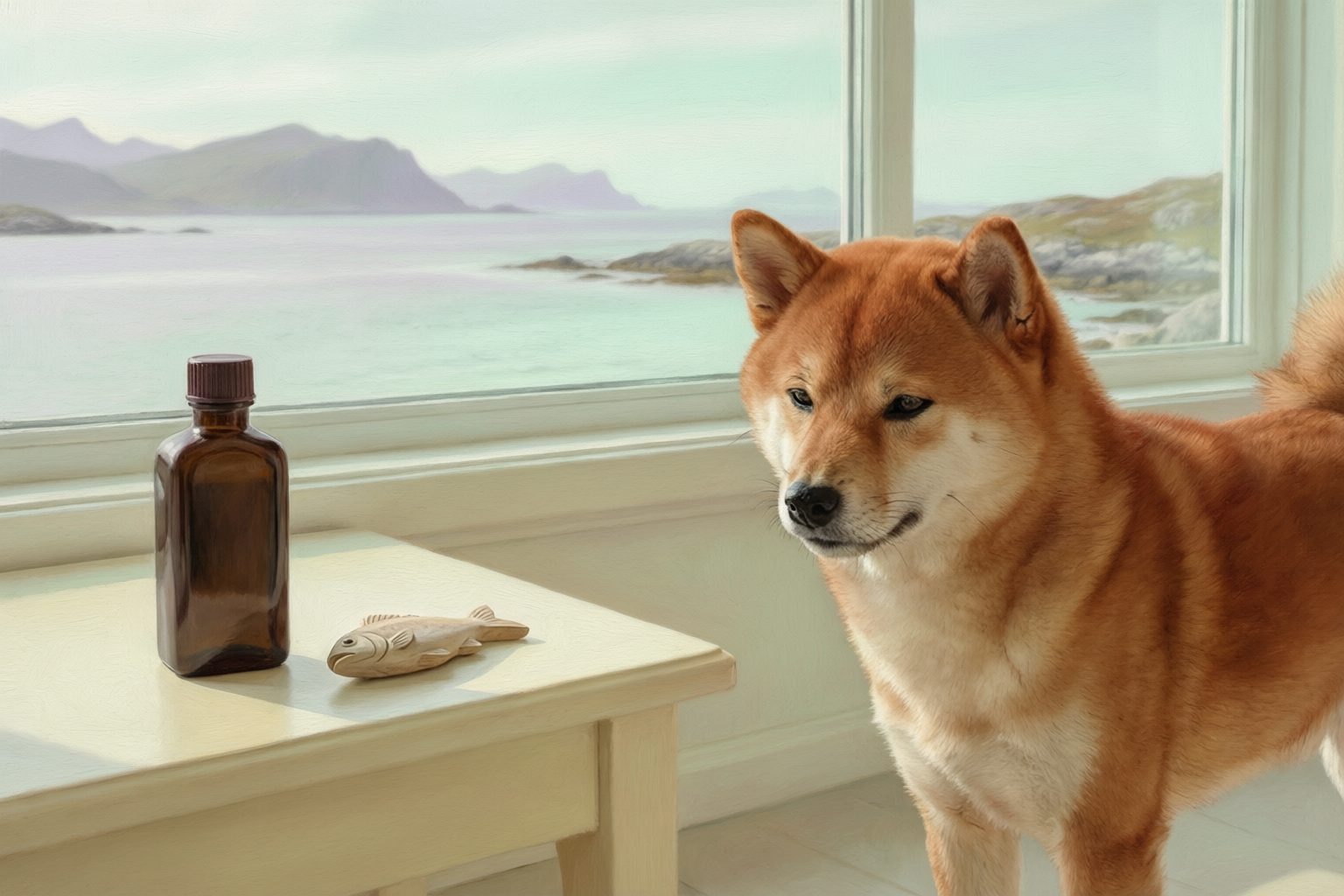 Illustration of a reddish dog beside an amber bottle and a fish-shaped ornament, with a rocky coastline visible through a window.