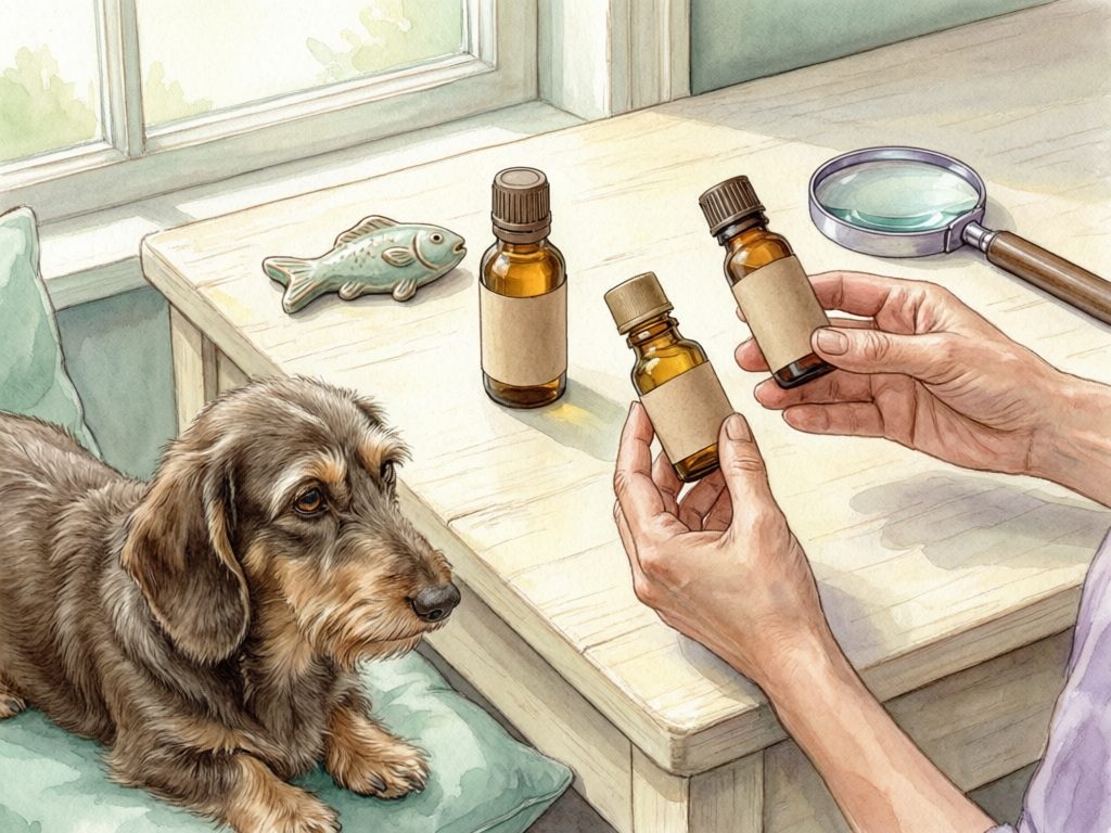Illustration of a person comparing small plain-labeled amber bottles beside a wire-haired dachshund, with a magnifying glass and fish-shaped ornament on the table.