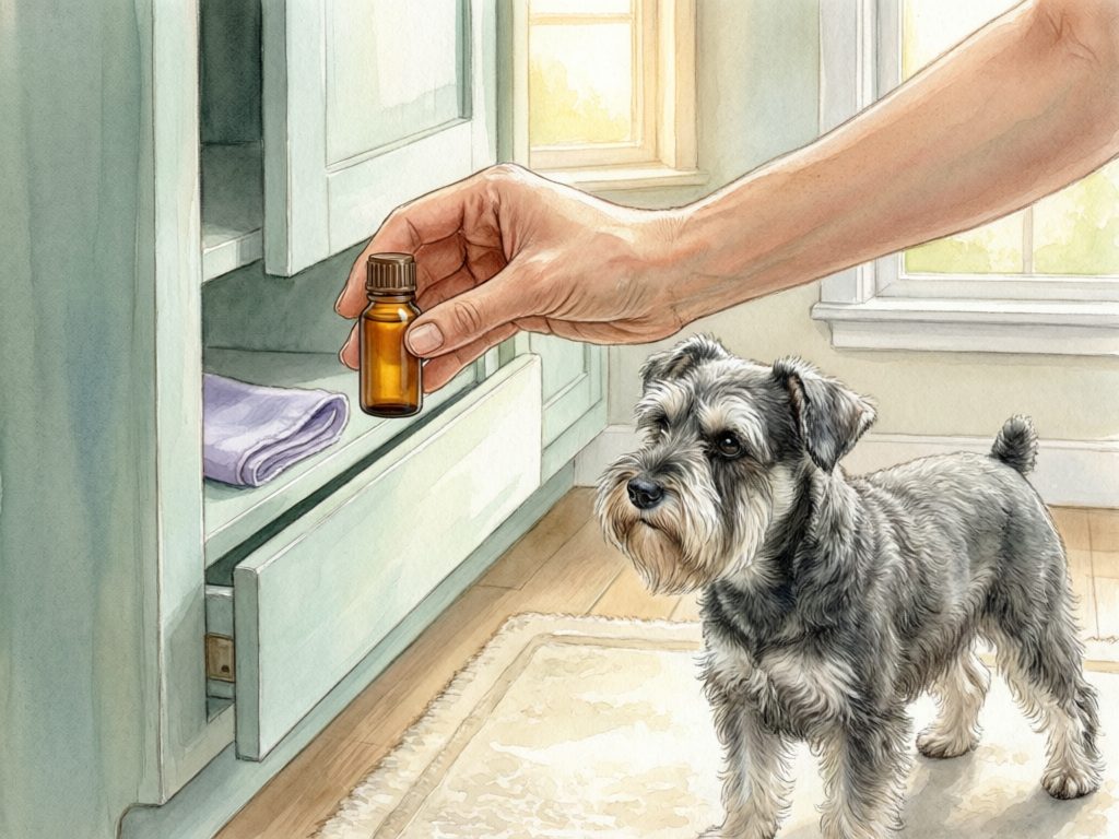 Illustration of a person placing a capped amber bottle into a cupboard while a schnauzer watches from a rug.
