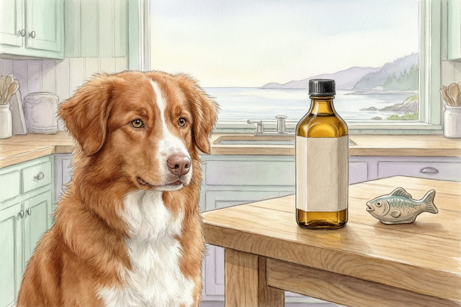 Illustration of a red-and-white dog beside an amber bottle and fish-shaped ornament in a kitchen overlooking a coastal scene.