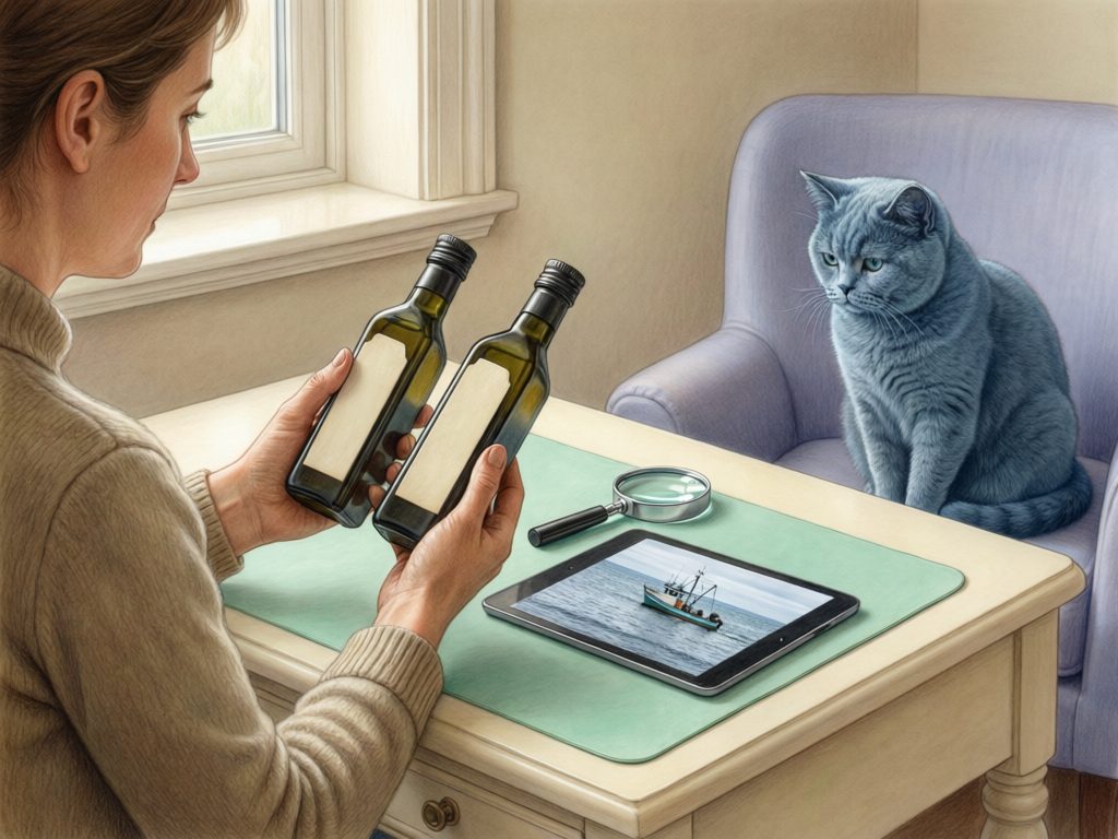 Illustration of a person comparing two plain-labeled dark bottles while a gray cat watches, with a magnifying glass and tablet showing a fishing boat on the table.