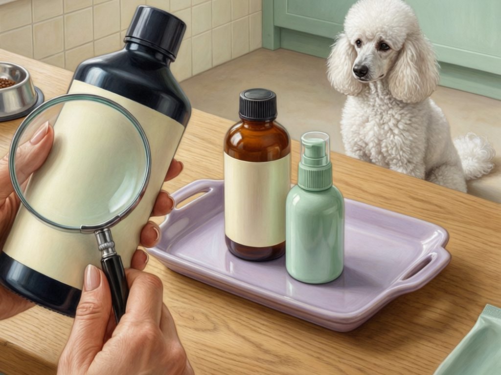 Illustration of hands inspecting a dark bottle with a magnifying glass beside two other bottles while a white poodle watches from the kitchen.