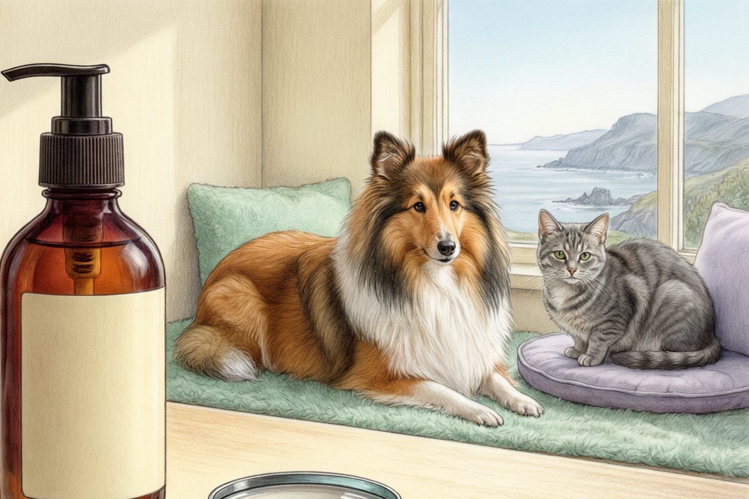 Illustration of an amber pump bottle and magnifying glass in a kitchen, with salmon pieces nearby and a long-coated dog and tabby cat resting by a coastal-view window.