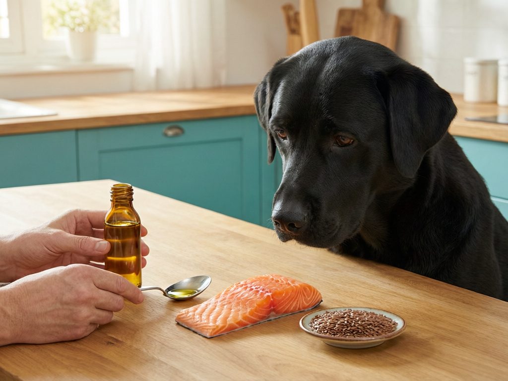Illustration of a black Labrador beside an amber bottle, spoon of golden oil, salmon fillet, and small dish of seeds.