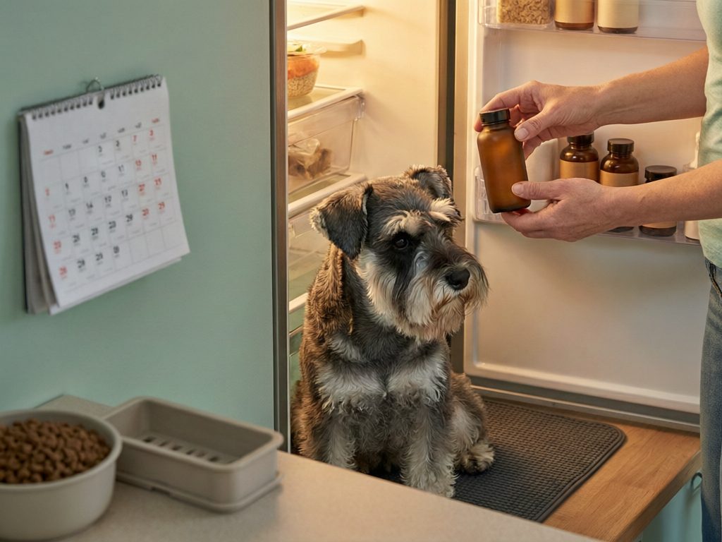 Illustration of a schnauzer beside an open refrigerator while a person holds an amber bottle, with a calendar and feeding bowls nearby.