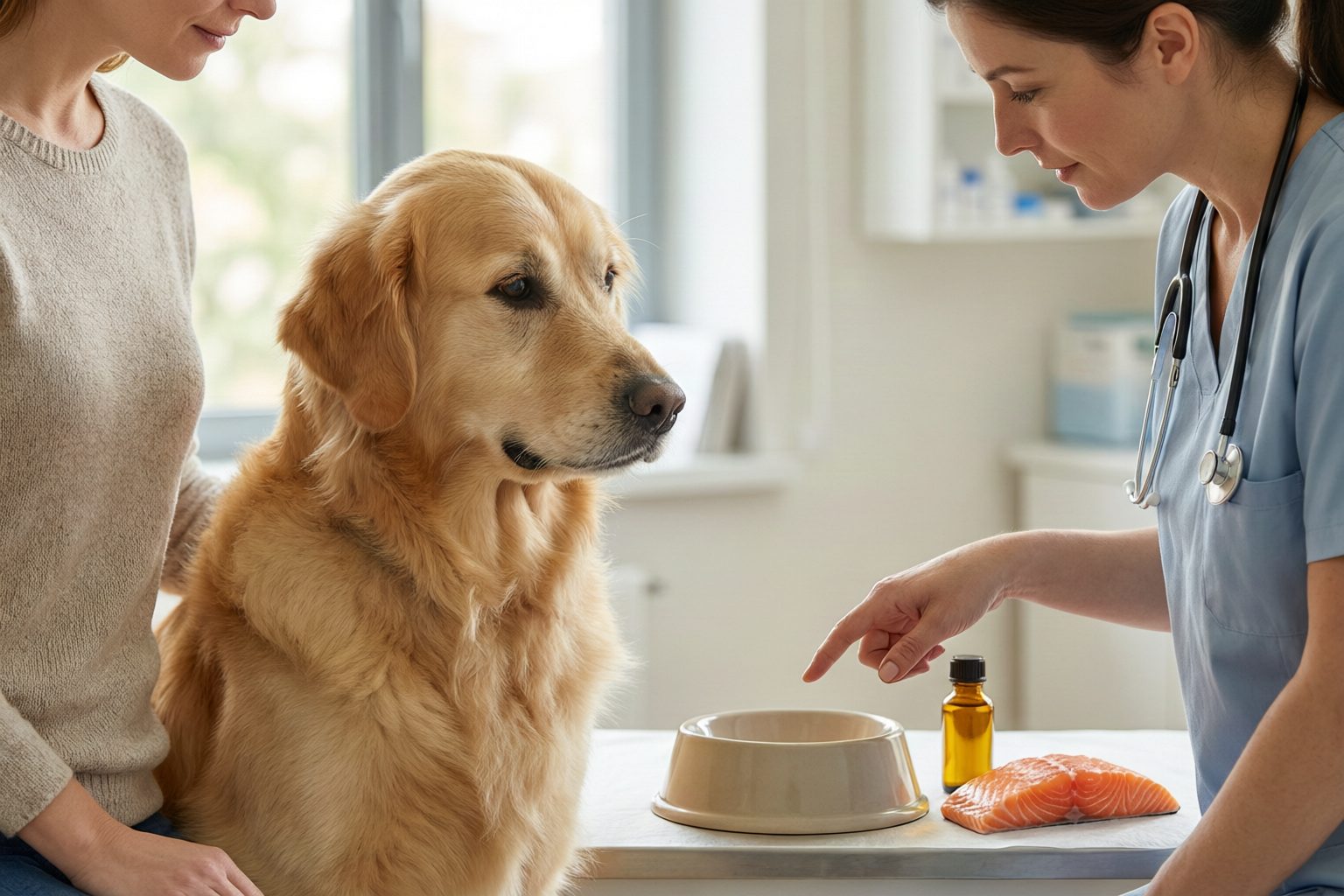 Warm illustration of a golden retriever beside an owner and veterinarian, with an amber bottle, salmon fillet, and food bowl on the table.