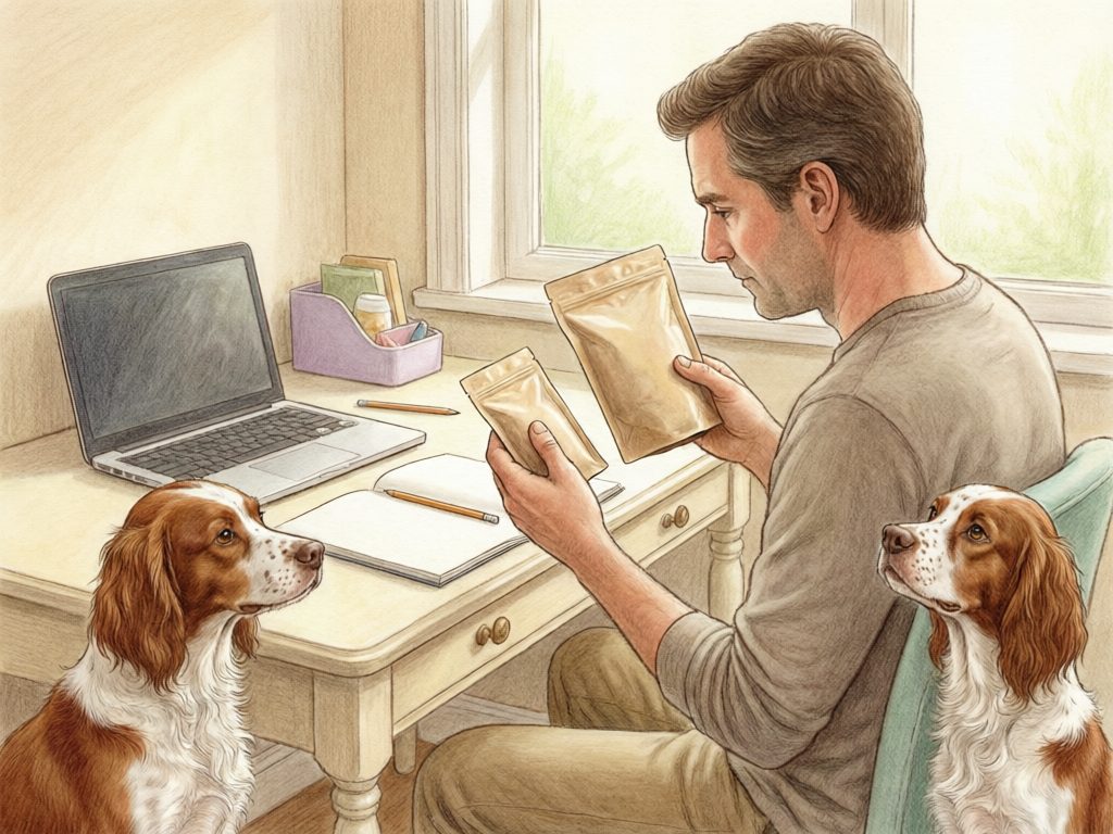 Illustration of a person comparing two plain pouches at a desk with a laptop and open notebook while two brown-and-white dogs watch.
