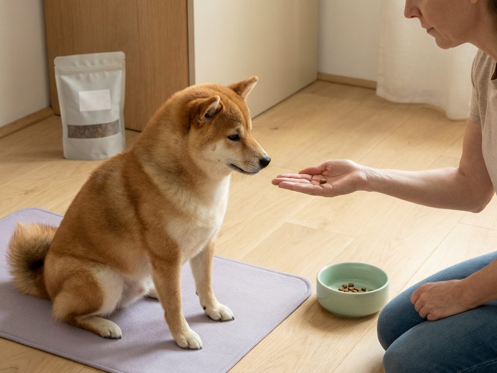Illustration of a person offering a small piece of food to a red dog sitting on a mat, with a food bowl and pouch nearby.