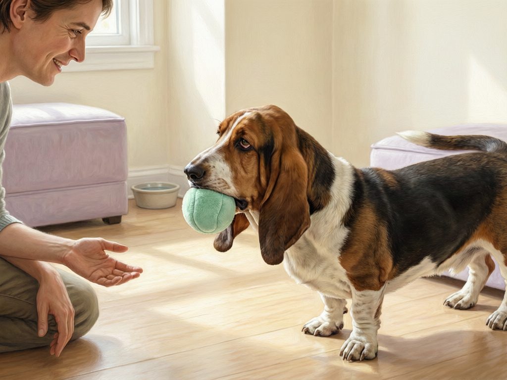 Illustration of a basset hound holding a soft green ball while a seated person extends an open hand in a living room.