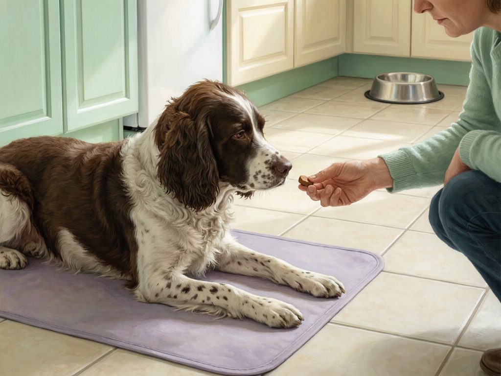Illustration of a brown-and-white spaniel lying on a kitchen mat while a person offers a small treat, with a feeding bowl nearby.