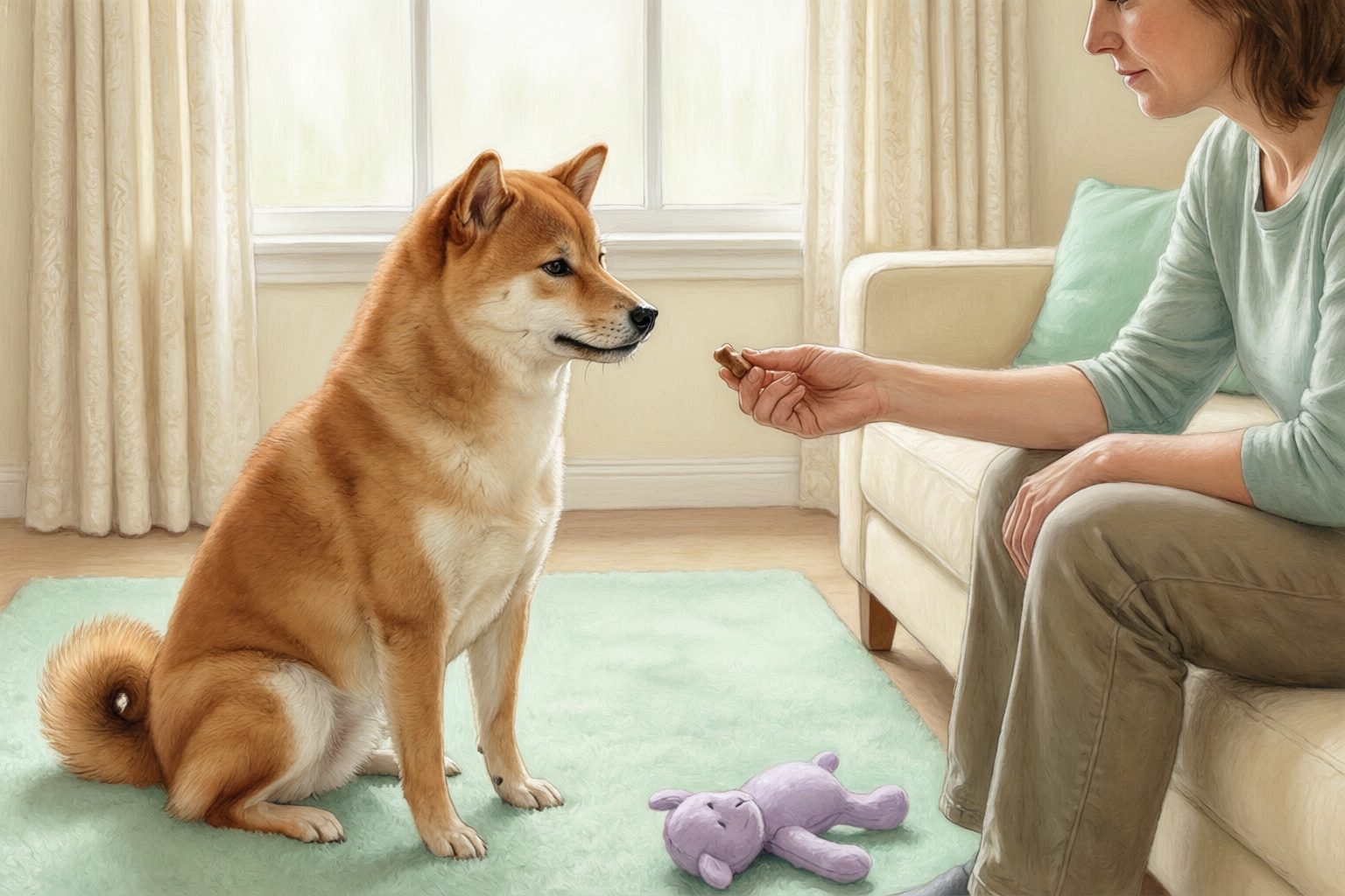Illustration of a red dog sitting on a rug while a person seated on a sofa holds a treat, with a plush toy nearby.