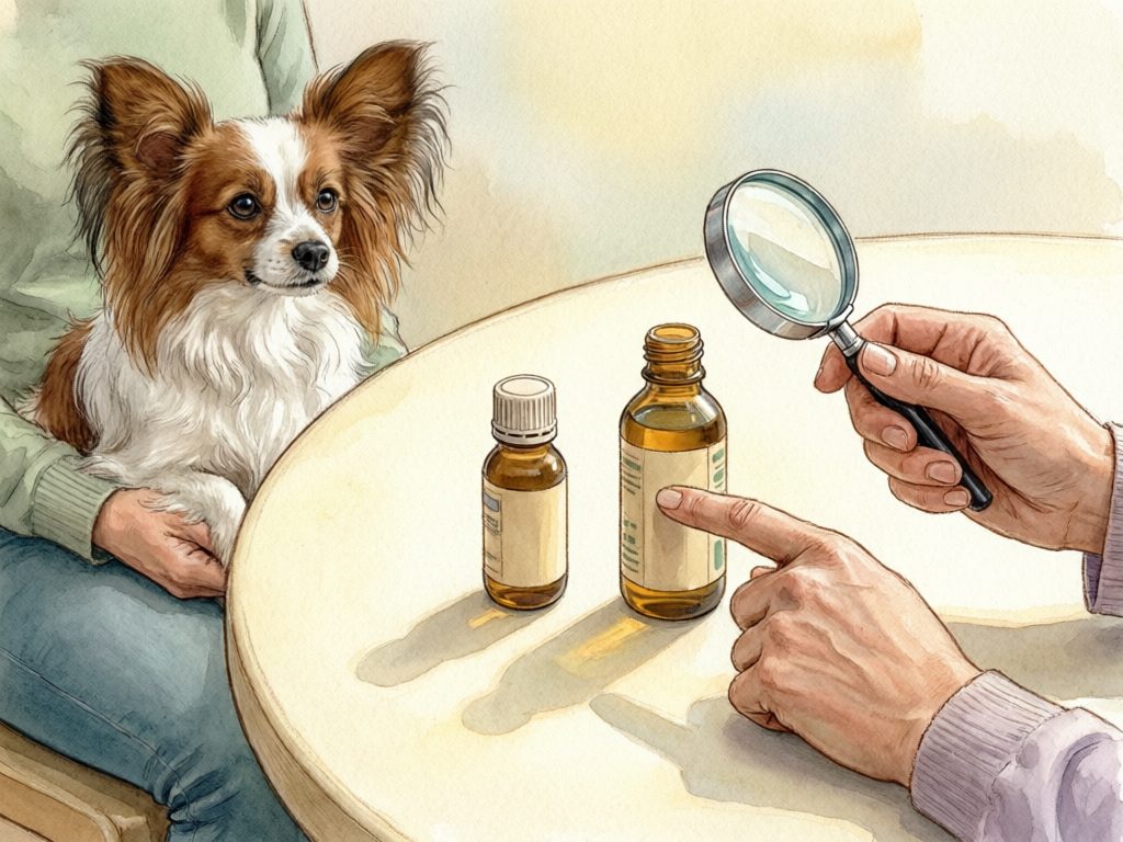 Illustration of a small long-eared dog beside two amber bottles while hands use a magnifying glass and point to a bottle label.