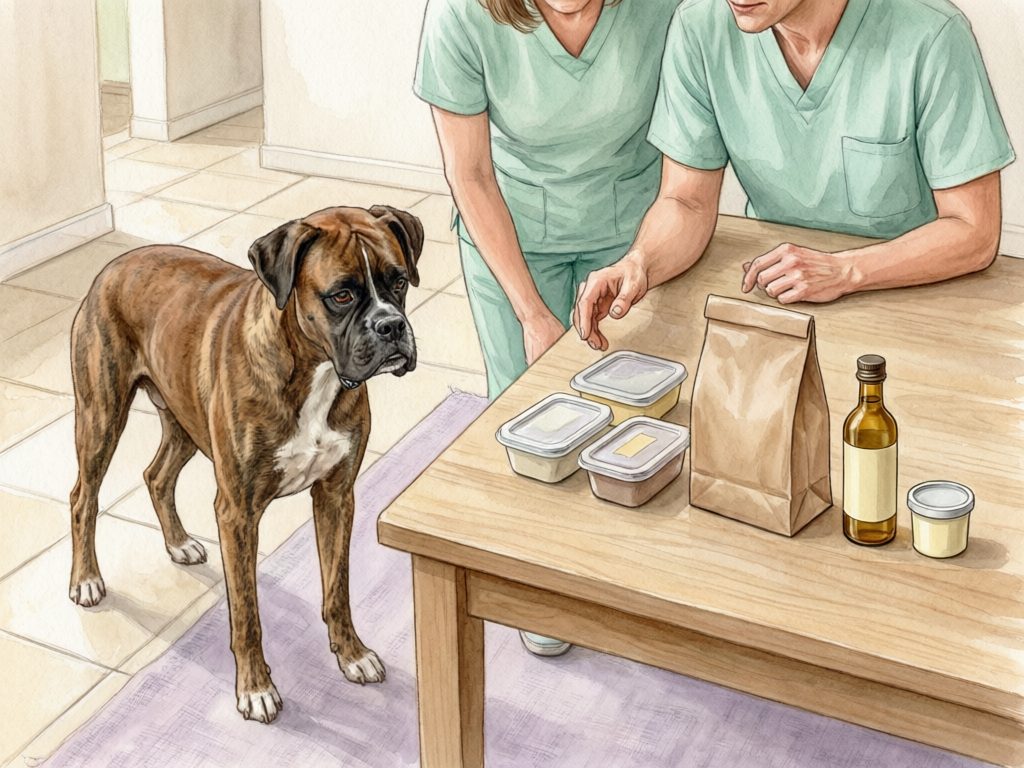 Illustration of two veterinary workers reviewing food containers, a paper bag, bottle, and small tub on a table while a brindle boxer stands nearby.