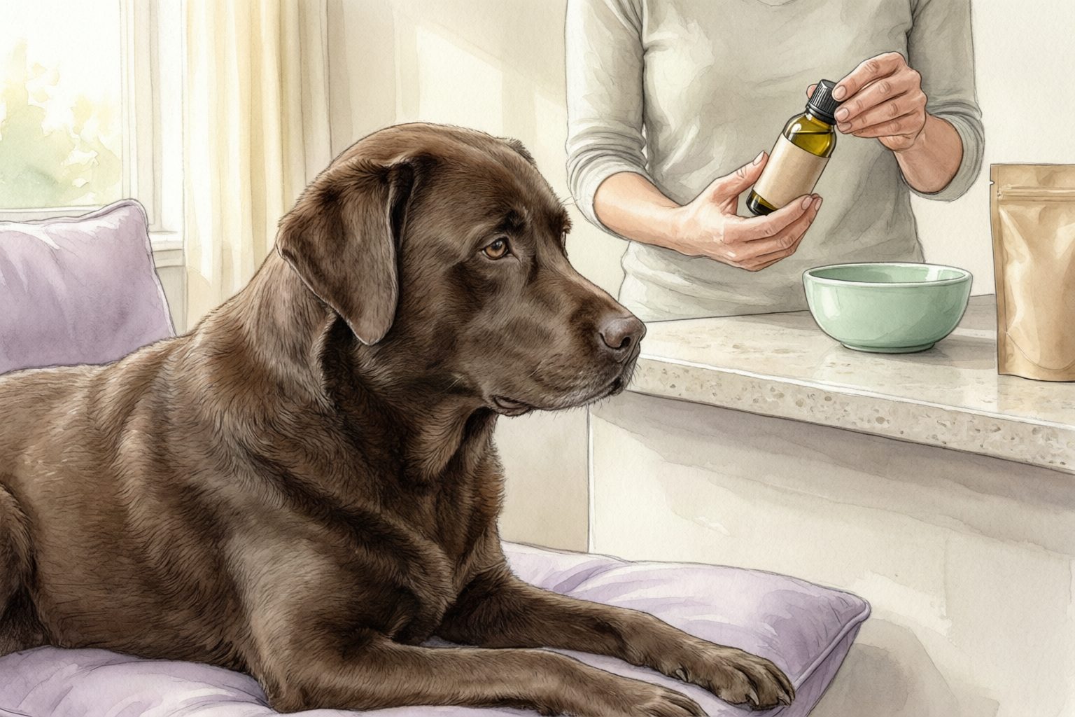 Illustration of a chocolate Labrador on a cushion while a caregiver holds a plain-labeled dark bottle beside a bowl and pouch on a kitchen counter.