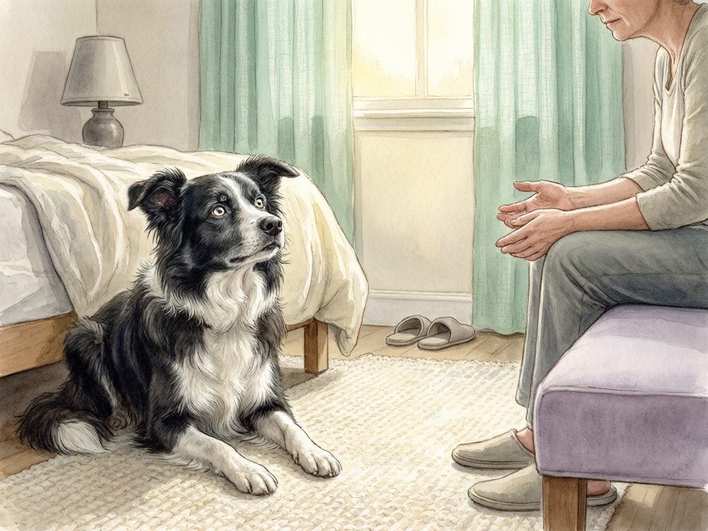 Illustration of a black-and-white dog sitting on a bedroom rug and looking toward a seated person gesturing with open hands.
