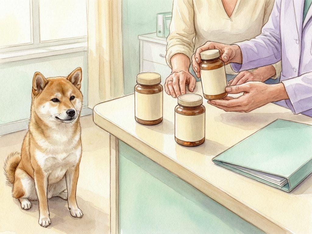 Illustration of a veterinary worker and caregiver reviewing plain-labeled amber jars beside a red dog, with a folder on the table.