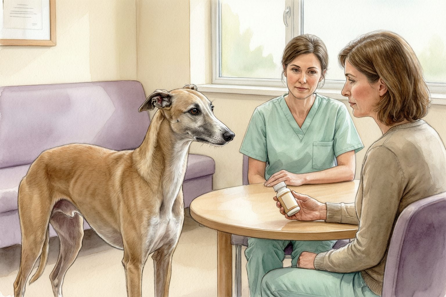 Illustration of a tan sighthound beside an owner and veterinary worker seated at a table, with the owner holding a plain-labeled bottle.