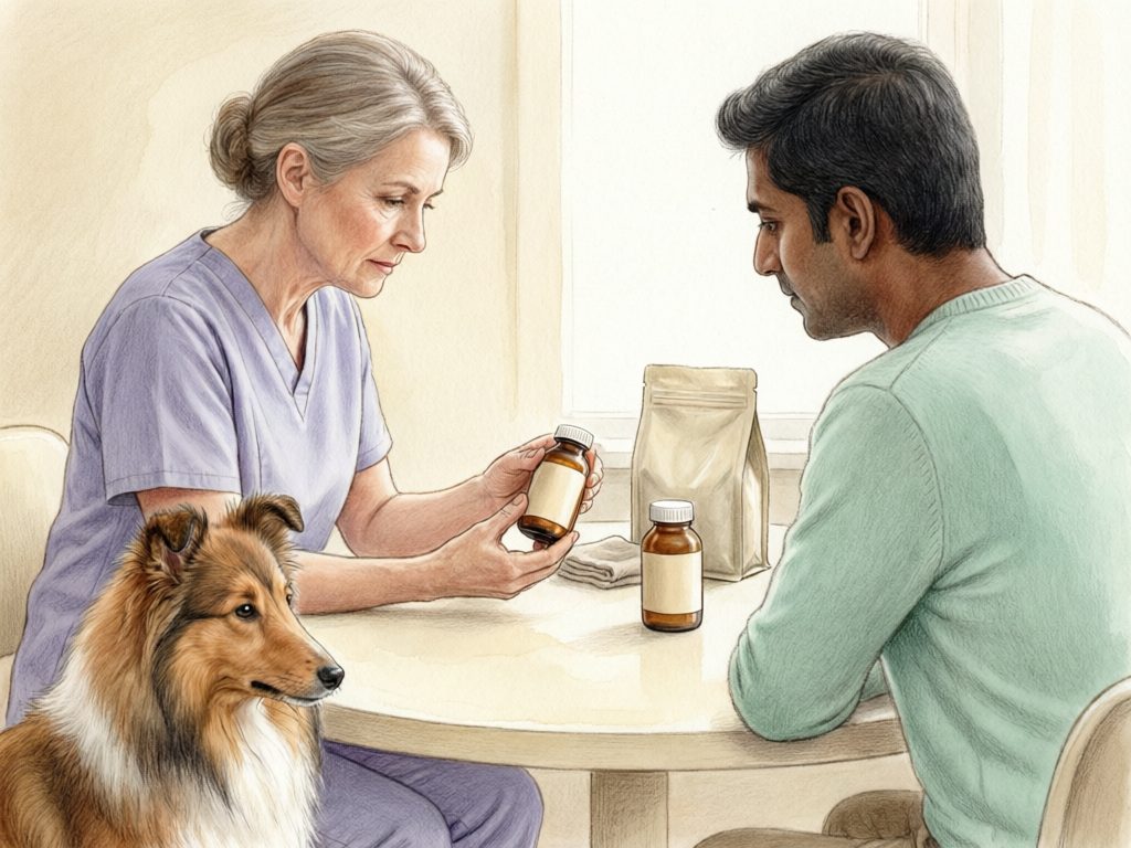 Illustration of a veterinary professional holding an amber bottle during a consultation with an owner and a collie.
