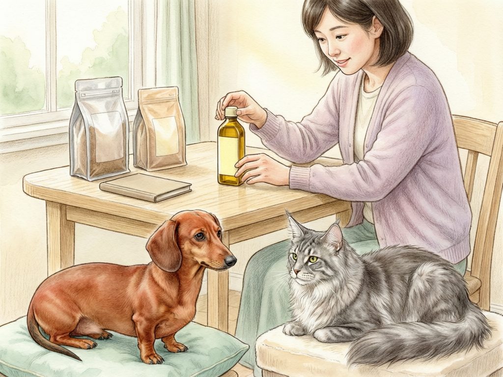 Illustration of an owner handling an oil bottle beside plain food pouches, with a dachshund and gray cat seated nearby.