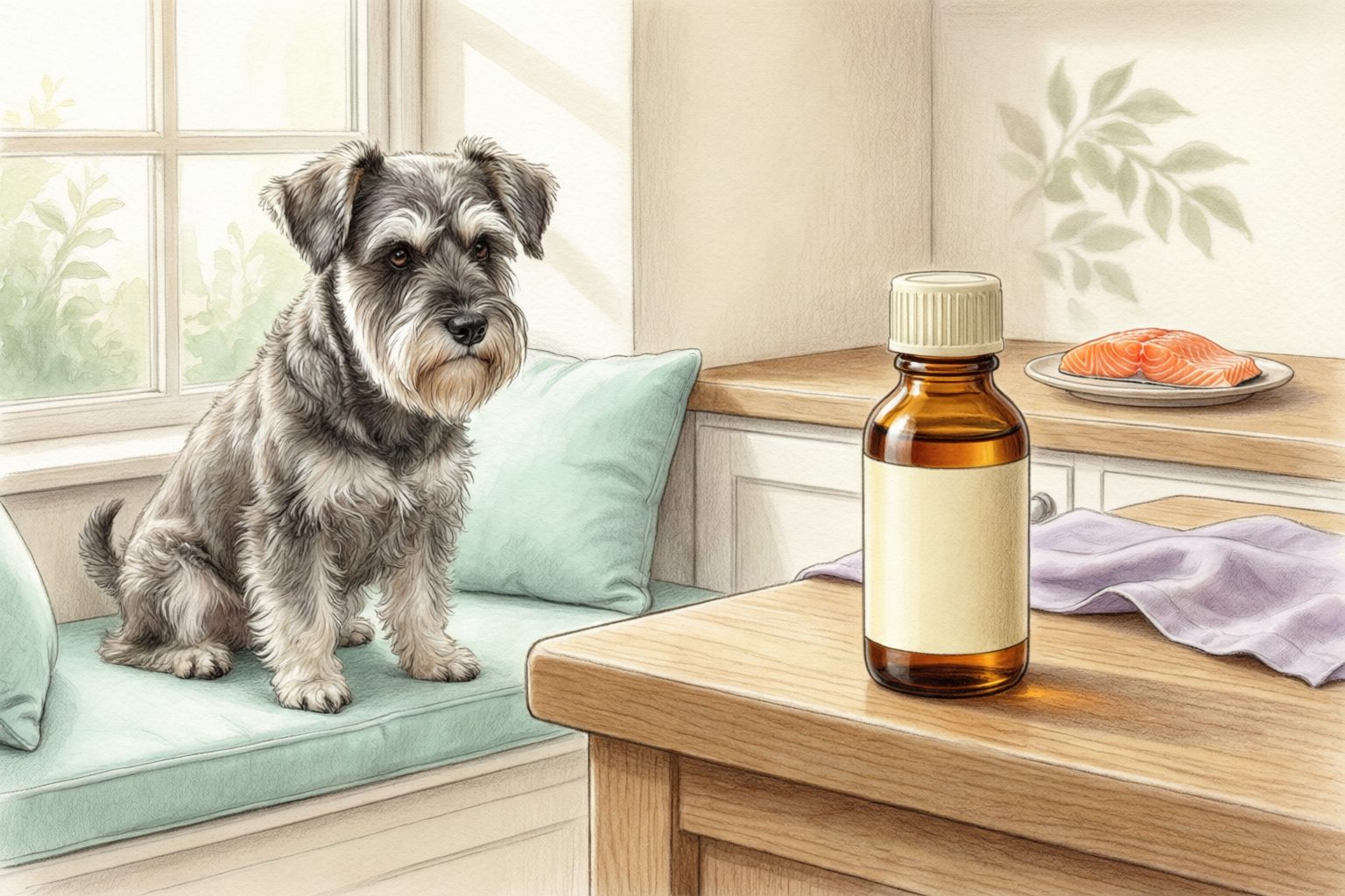 Illustration of a schnauzer sitting beside a table with a plain amber bottle and salmon on a plate in the background.
