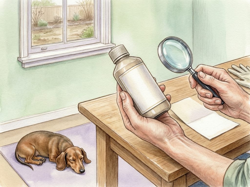 Illustration of hands examining two containers with a magnifying glass beside gloves and a leaflet, with a dachshund outside the window.