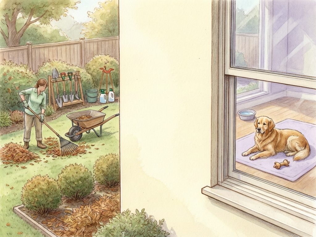 Illustration of a gloved person raking leaves outdoors while a golden retriever rests indoors beside a water bowl and toys.